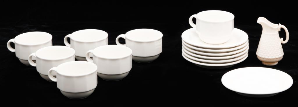 FIFTEEN PIECES OF EUROPEAN CHINA.: Twentieth century. Seven Villeroy and Boch white ironstone cups and saucers, and eight pieces of Belleek. Three cups and saucers, creamer, sugar, waste bowl and teapot with shamrock decoration, and on
