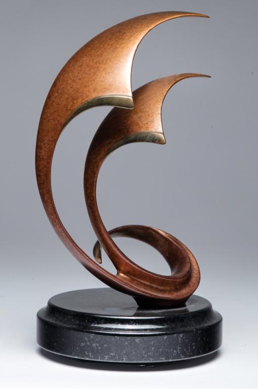 MODERNIST SCULPTURE BY SCOTT HANSON.: American, 2nd half 20th century. Mixed metal, signed and numbered "s.e. 41/110". Patinated surface on swivel black marble base.11"h.