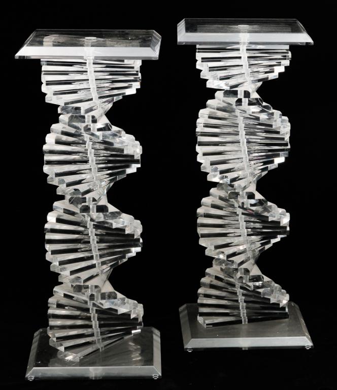 TWO MID CENTURY MODERN LUCITE SPIRAL STANDS. (1 of 2)