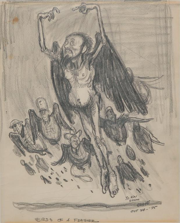 POLITICAL CARTOON BY "OLLIE" WENDELL HARRINGTON.: American 1912-1995. "Birds of a Feather" signed lower right with dedication "To Kai...Oct. 24, '75". Black winged figures including Nazi and man with noose. Framed, 20.5"h. 17.5"w. overall. Harrington