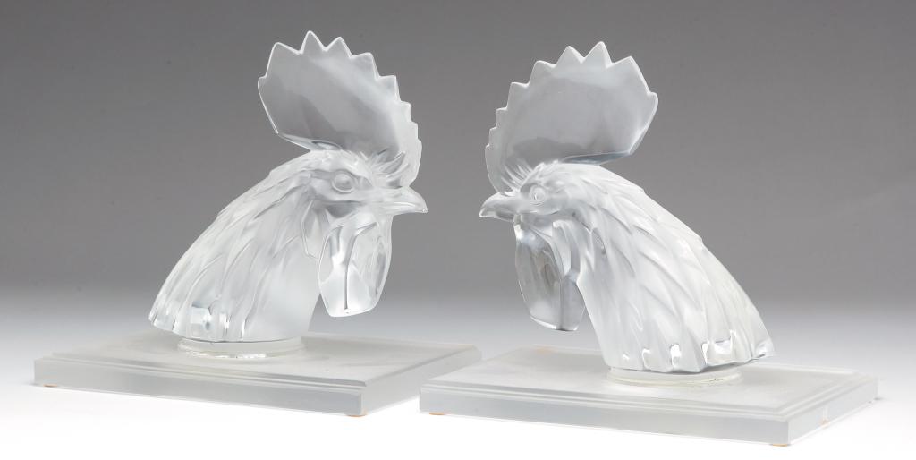 TWO FRENCH "LALIQUE" GLASS ROOSTER HEADS. (1 of 3)