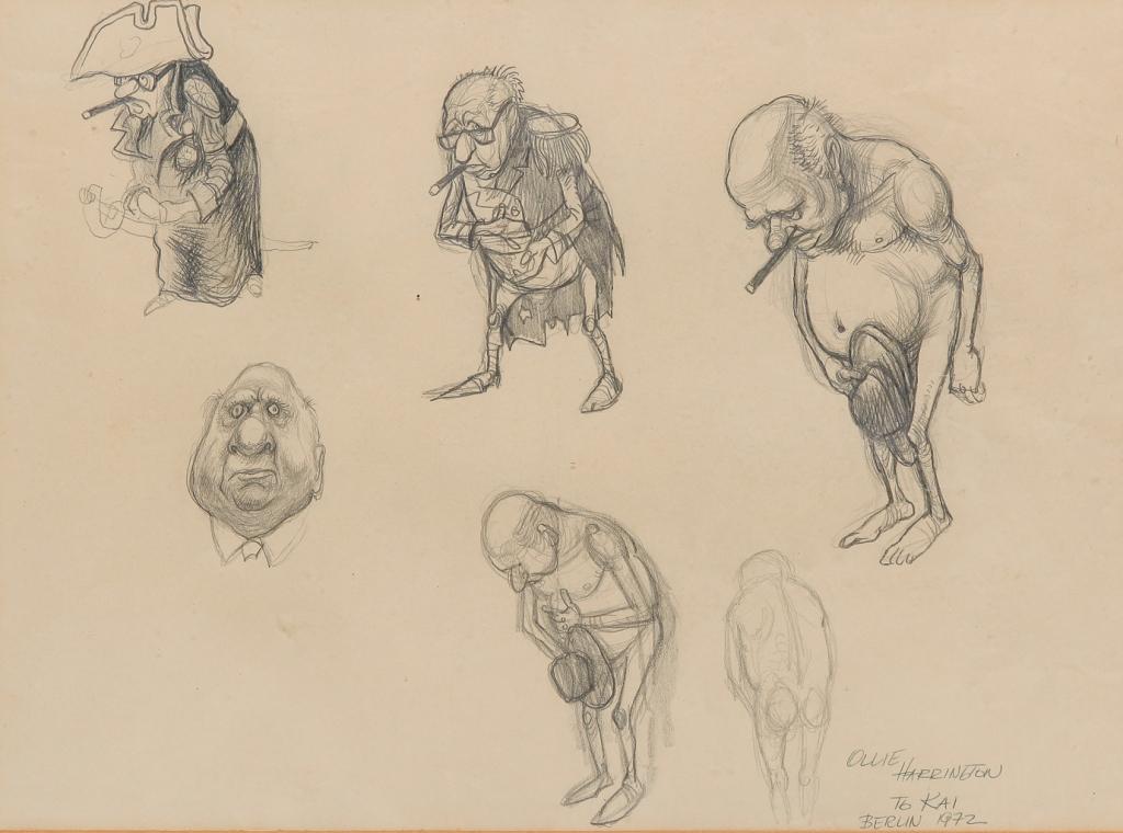 CARTOON STUDIES BY "OLLIE" WENDELL HARRINGTON.: American 1912-1995. Graphite on paper, signed with dedication "to Kai, Berlin, 1972" lower right. Six figures, a portrait, three images of a nude man and two men in uniforms. Framed, 15"h. 19"w. overa
