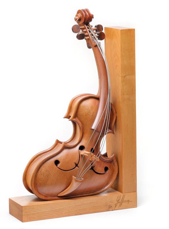 VIOLIN IN THE CORNER BY PHILIPPE GUILLERM.: France, b. 1959. Signed on the base. Mixed woods including cherry with piano wire strings. 24"h. 15"w.
