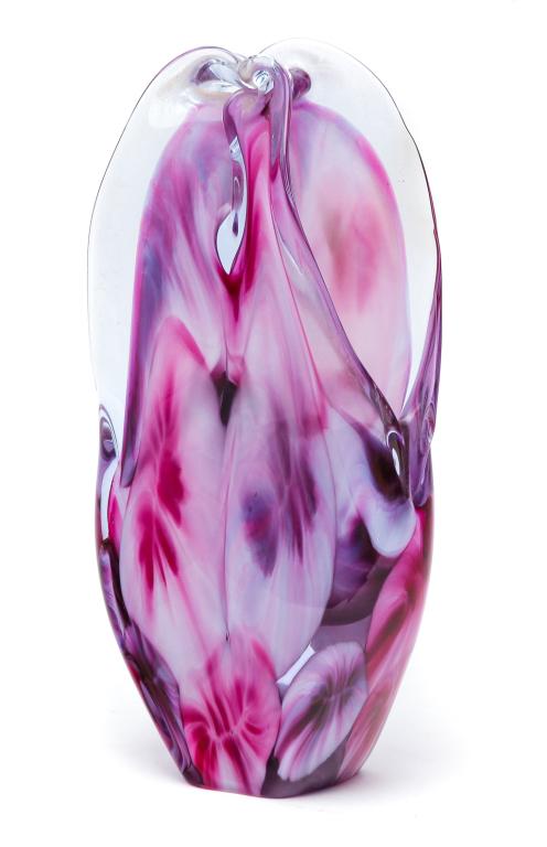 LOTTON GLASS SCULPTURE BY DAVID LOTTON.: American, b. 1960. Signed and dated 1995. "Neodymium" glass over pulled fuchsia, pink and white flowers. Pinched sides and irregular openings. Stretch iridized interior. Ex Ancestor House (Ohio). 11.2