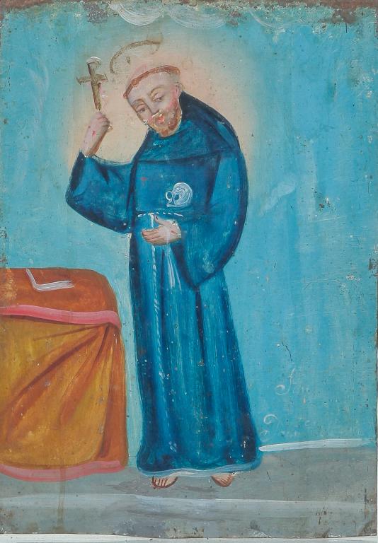 ST. FRANCIS OF ASSIS RETABLO.: Latin America, late 19th-early 20th century, oil on tin panel. Saint in blue robes holding a crucifix. Faintly titled on lower right "San Franco d' Asis". Wear, especially on top corners. 10"h. 7"w.
