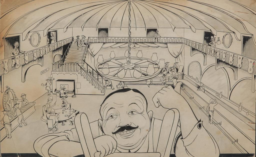 WILD WEST SALOON ILLUSTRATION.: American, mid 20th century, pen and ink on bristol board. Barkeep with a view over his shoulder of a saloon. Stains and some paper damage. 10"h. 16"w., framed, 16.5"h. 22.25"w.