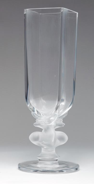 FRENCH "LALIQUE" GLASS ANTELOPE VASE.: Second half-20th century. Square base with reclining antelope base. Etched script "Lalique R. France". 11"h.