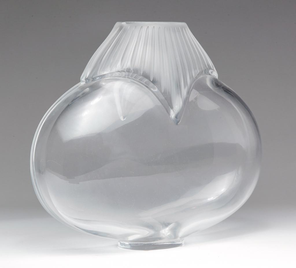 FRENCH "LALIQUE" GLASS PILLOW VASE.: Second half-20th century. Clear with frosted fluted neck. Etched script label "Lalique R. France". 10.5"h. 11"w.