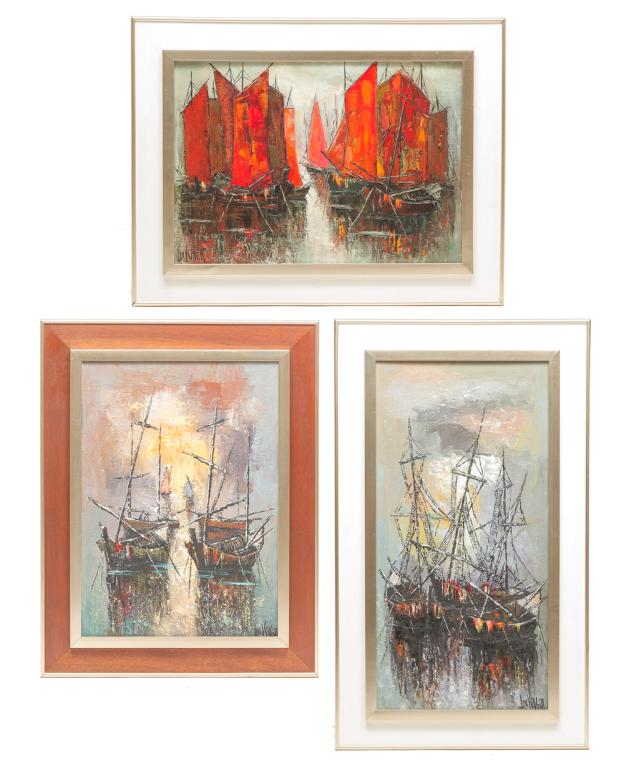 THREE SHIP PAINTINGS SIGNED "VIRLIR".: American, mid 20th century. Oil on canvas, signed. Impasto technique. Sailing ship, 31.5"h. 16"w., framed, 38.5"h. 23"w., boats with red sails, 18"h. 25.5"w., framed, 25.25"h. 32.75"w. and two ships,