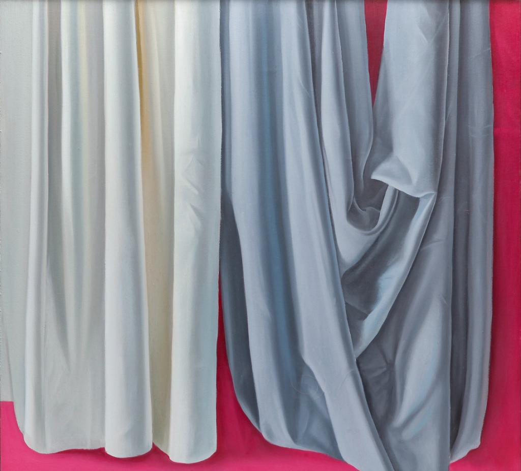 CURTAINS SIGNED "L. WEBBER".: American, late 20th-early 21st century. Oil on canvas, signed and dated (20)03 on reverse. Draped curtains on red ground. 20.5"h. 22"w., framed, 24"h. 26"w.