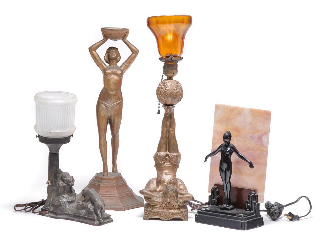 THREE FIGURAL LAMPS AND LAMP BASE. (1 of 6)