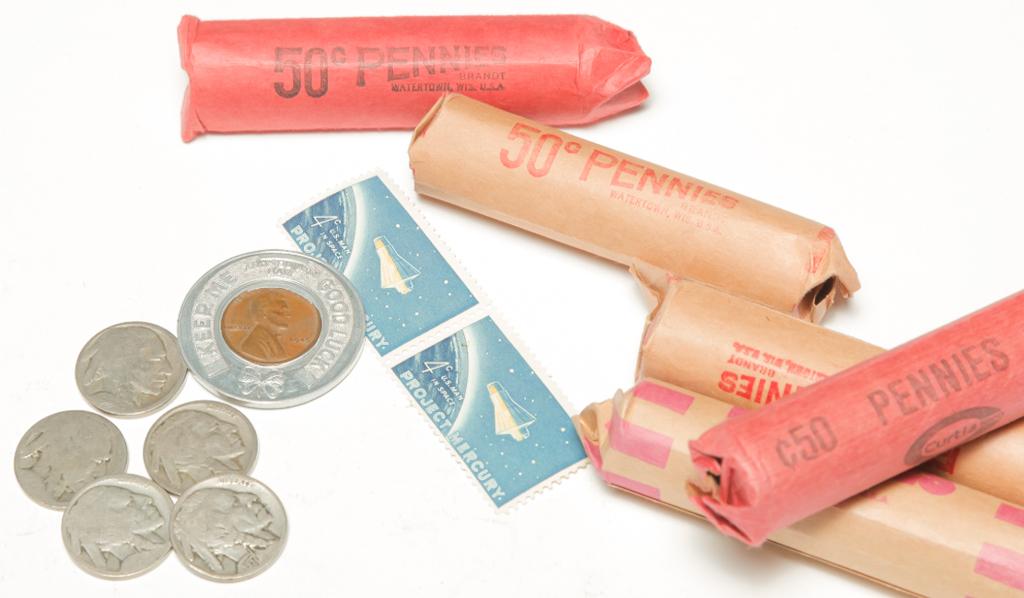 FIVE ROLLS OF UNSORTED WHEAT CENTS AND NICKELS (1 of 2)