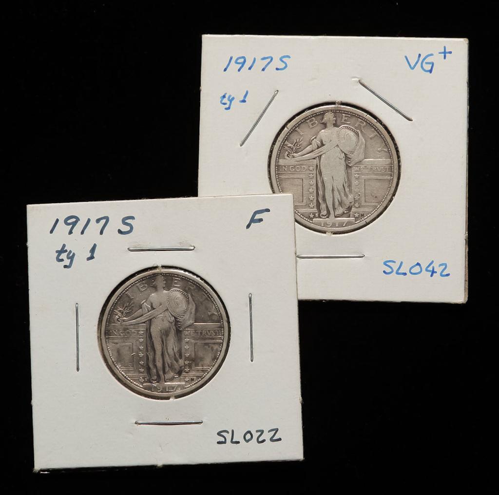 TWO 1917-S TYPE 1 STANDING LIBERTY SILVER QUARTERS (1 of 2)
