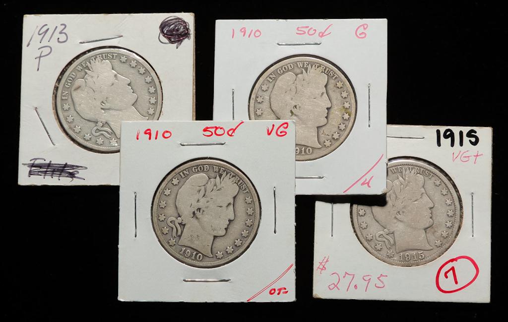 FOUR BARBER SILVER HALF DOLLARS (1 of 2)