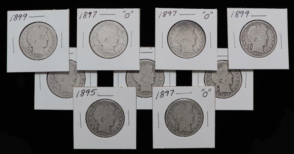NINE SILVER BARBER HALF DOLLARS - SOME KEY DATES (1 of 2)