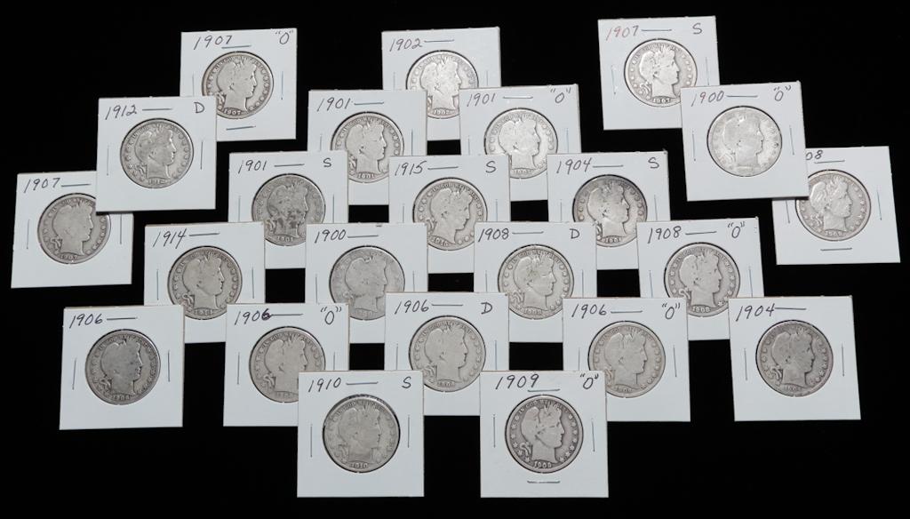 TWENTY-THREE SILVER BARBER HALF DOLLARS (1 of 2)
