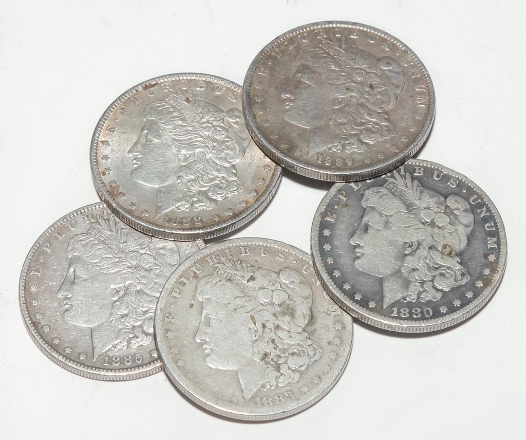 FIVE MORGAN SILVER DOLLAR COINS INCLUDING O MINT (1 of 2)