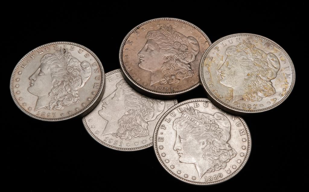 FIVE MORGAN SILVER DOLLARS (1 of 2)