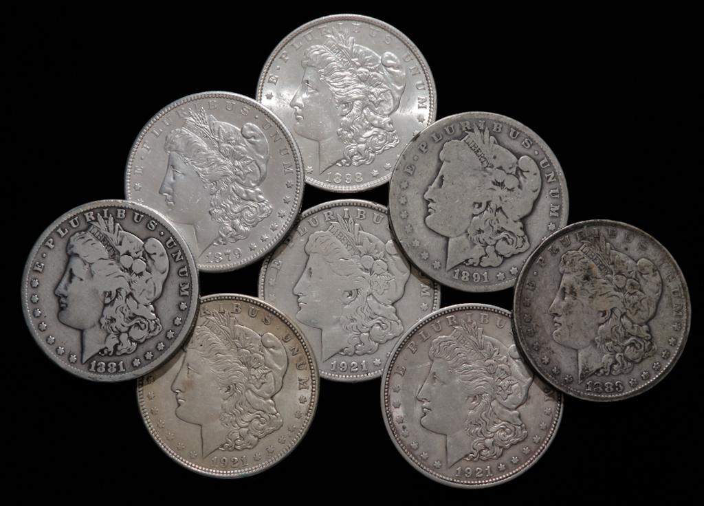 EIGHT MORGAN SILVER DOLLARS (1 of 2)
