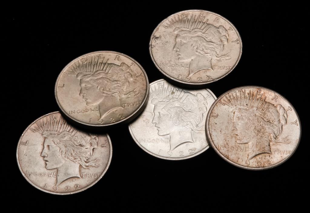 FIVE 1922 PEACE SILVER DOLLARS (1 of 2)