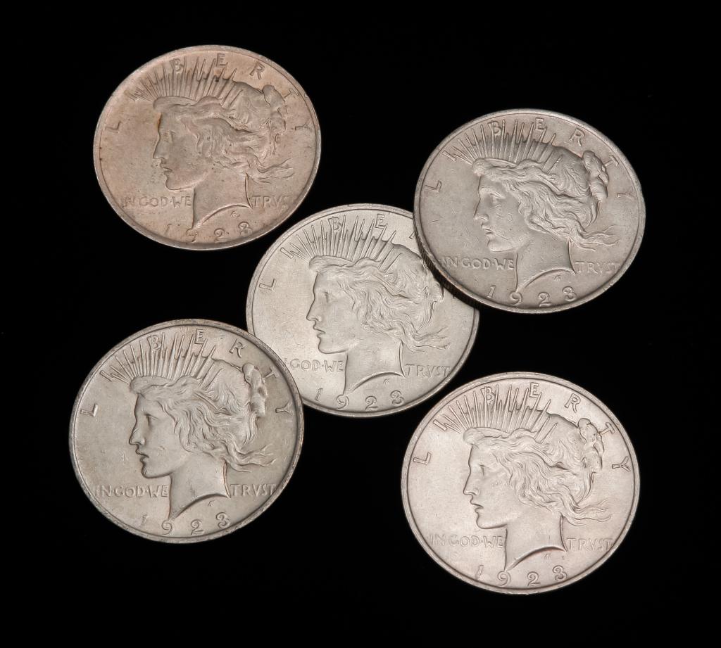 FIVE 1923 PEACE SILVER DOLLARS (1 of 2)