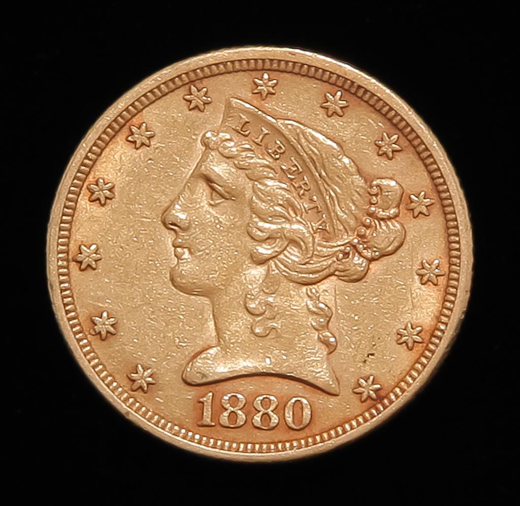 1880 $5 LIBERTY HEAD GOLD HALF EAGLE COIN (1 of 3)