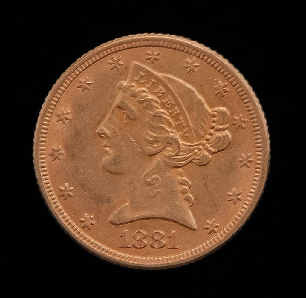 1881 $5 LIBERTY HEAD GOLD HALF EAGLE COIN (1 of 2)
