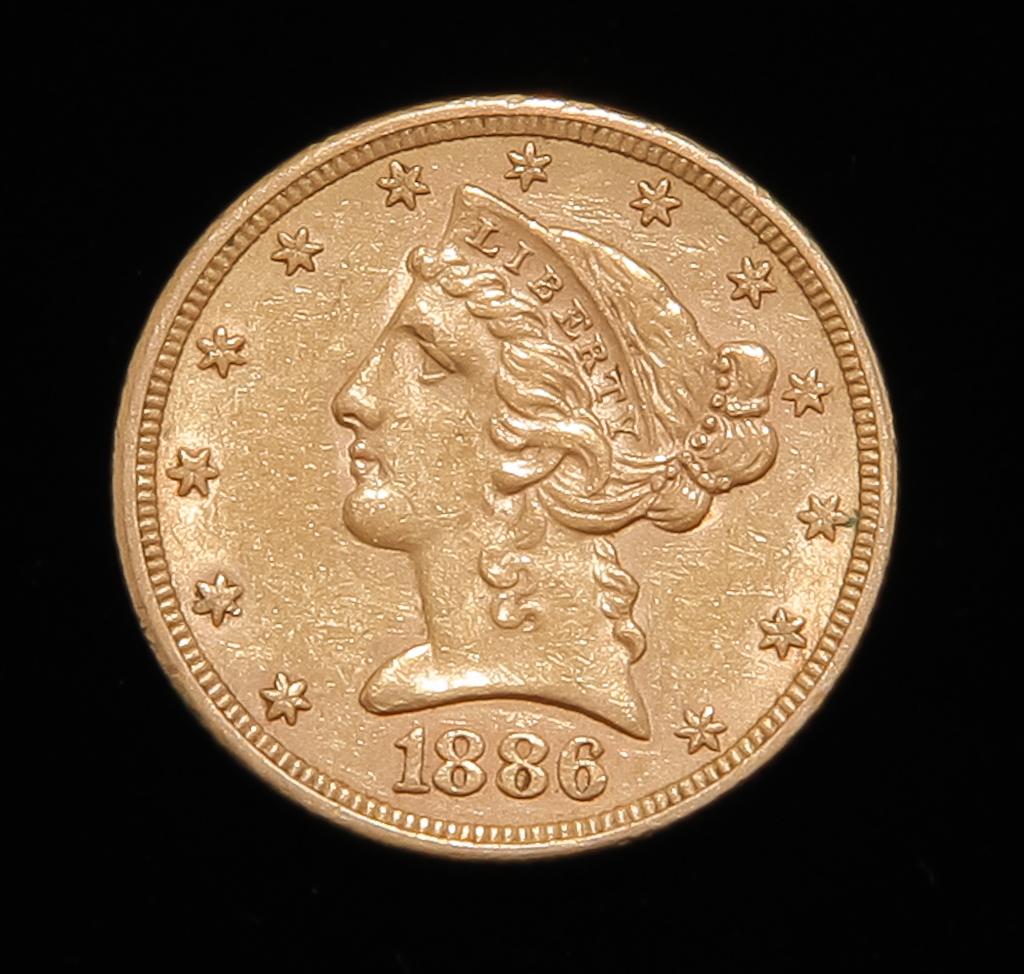 1886 $5 LIBERTY HEAD GOLD HALF EAGLE COIN (1 of 2)