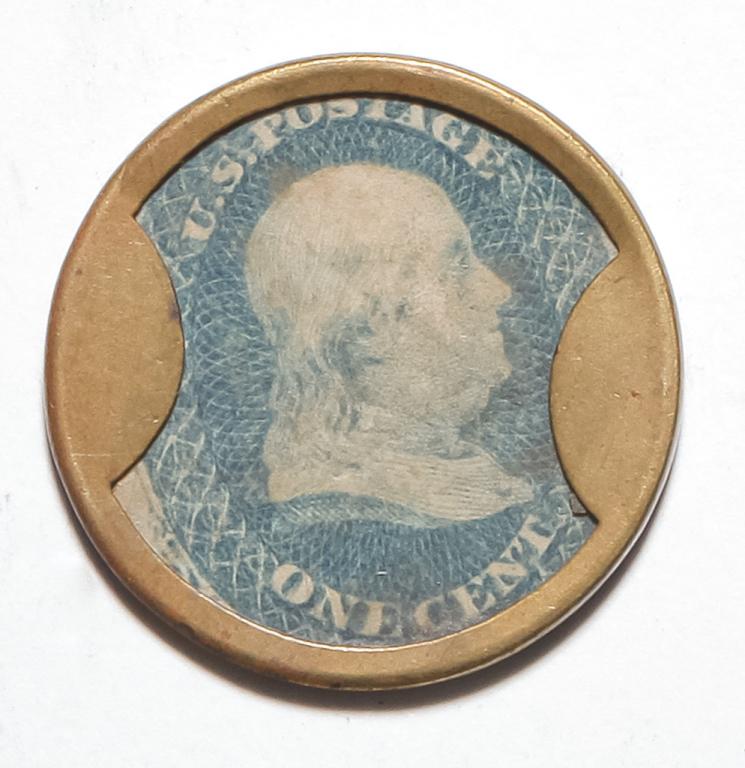 1862 CIVIL WAR ERA ENCASED POSTAGE STAMP CURRENCY (1 of 2)