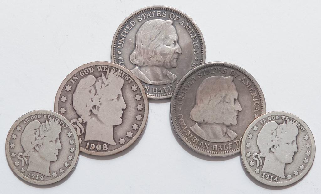 FIVE AMERICAN SILVER COINS INCLUDING BARBERS (1 of 2)