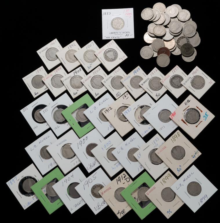 GROUP SEVENTY-SEVEN LIBERTY NICKELS: Group of seventy-seven Liberty nickels. Includes an 1883 "no cents" nickel. Half are in protective coin flips.