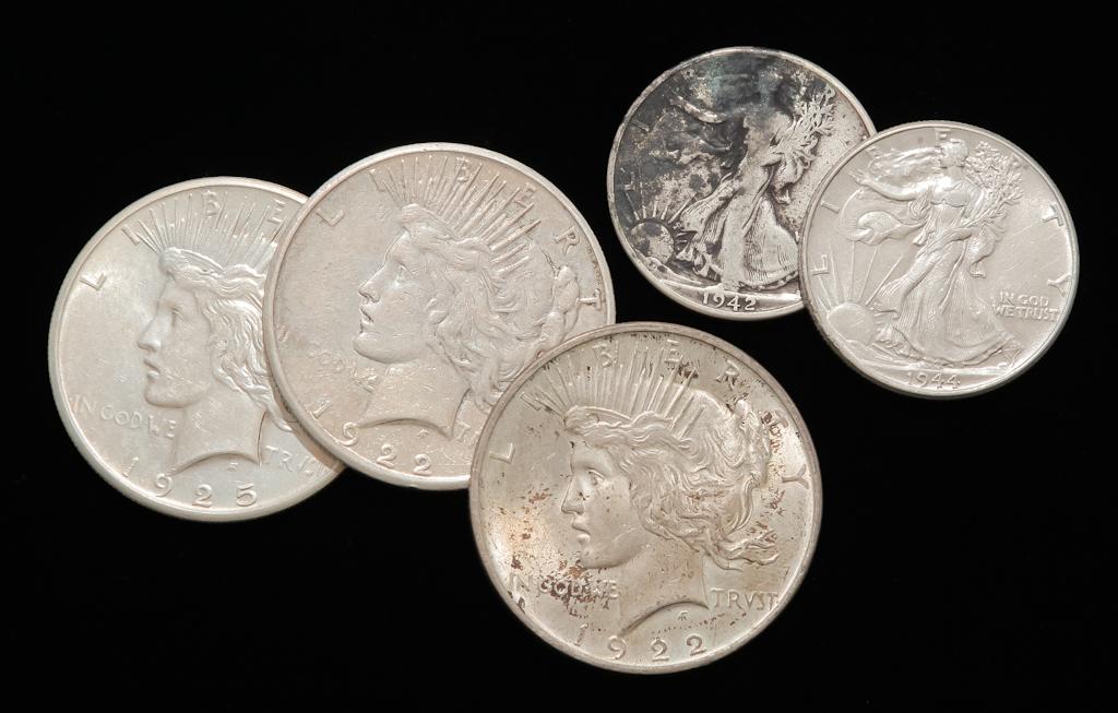 FIVE SILVER DOLLARS AND HALF DOLLARS (1 of 3)