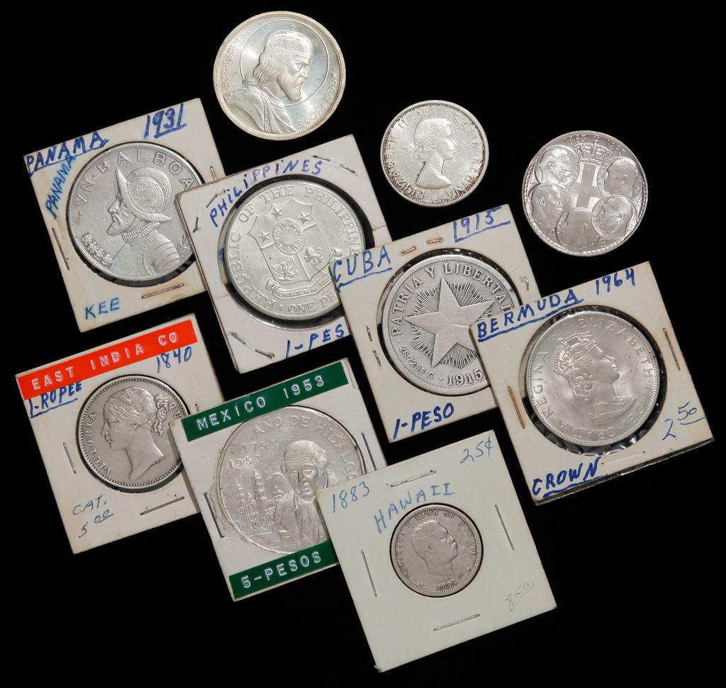 TEN VARIOUS FOREIGN SILVER COINS (1 of 2)