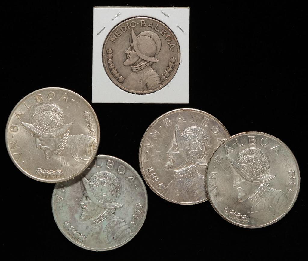 FIVE PANAMA SILVER COINS INCLUDING BABOAS (1 of 2)