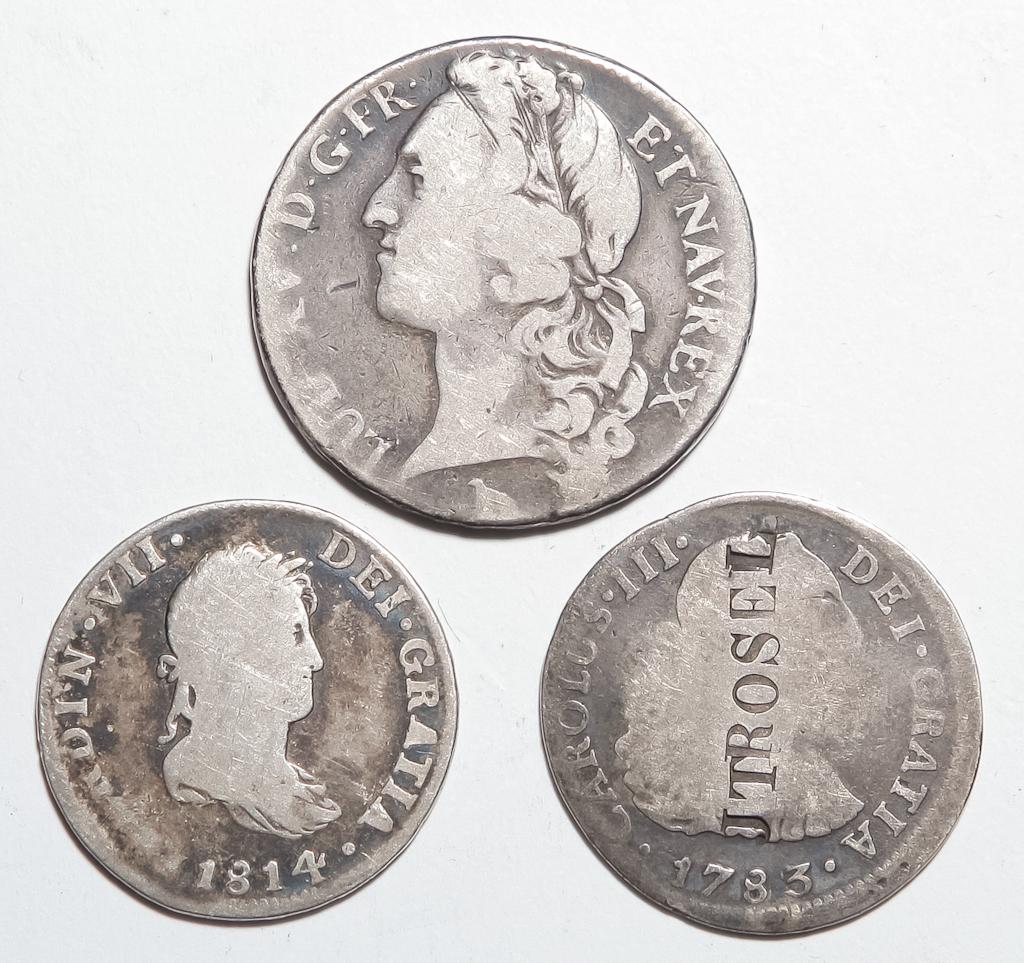 THREE FOREIGN SILVER COINS INCLUDING COUNTER STAMP (1 of 2)