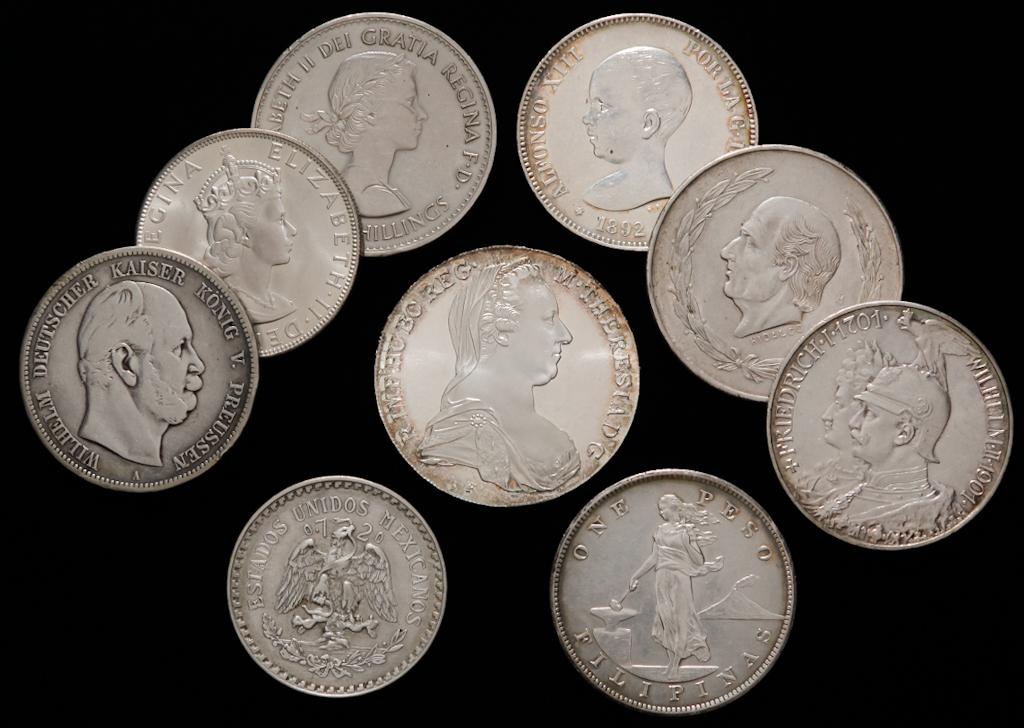 NINE VARIOUS FOREIGN SILVER COINS (1 of 2)