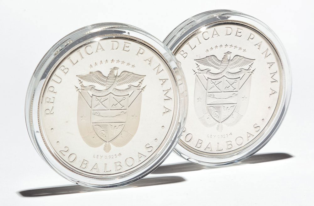 TWO 1974 PANAMA 20 BALBOAS SILVER PROOF COINS (1 of 2)