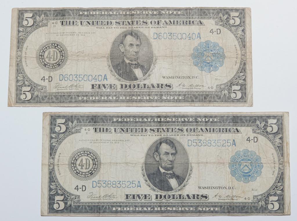 TWO 1914 CLEVELAND $5 DOLLAR FEDERAL RESERVE NOTES (1 of 3)