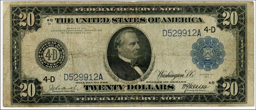 1914 $20 FEDERAL RESERVE NOTE CLEVELAND OHIO: Series of 1914 $20 Cleveland, Ohio Federal Reserve note. No tears, minor creasing and wear throughout.