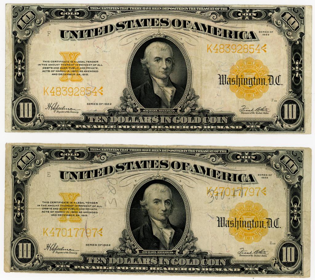 TWO 1922  $10 GOLD CERTIFICATE NOTES (1 of 2)