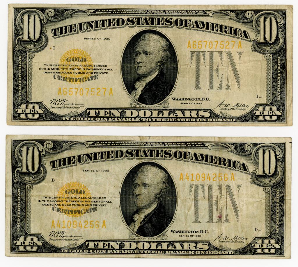 TWO 1928 $10 GOLD CERTIFICATE NOTES (1 of 2)