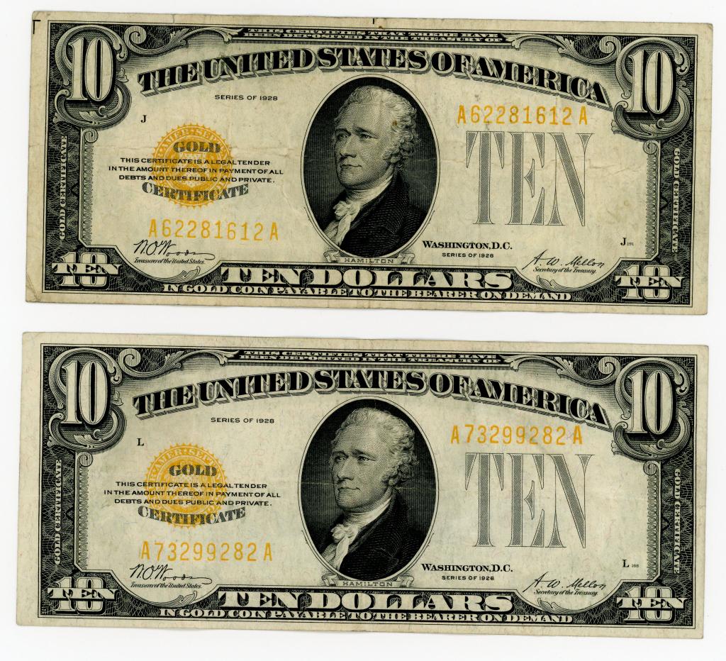 TWO 1928 $10 GOLD CERTIFICATE NOTES (1 of 2)