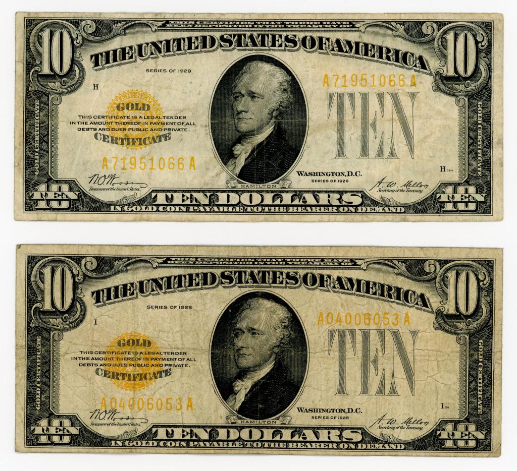 TWO 1928 $10 GOLD CERTIFICATE NOTES (1 of 2)