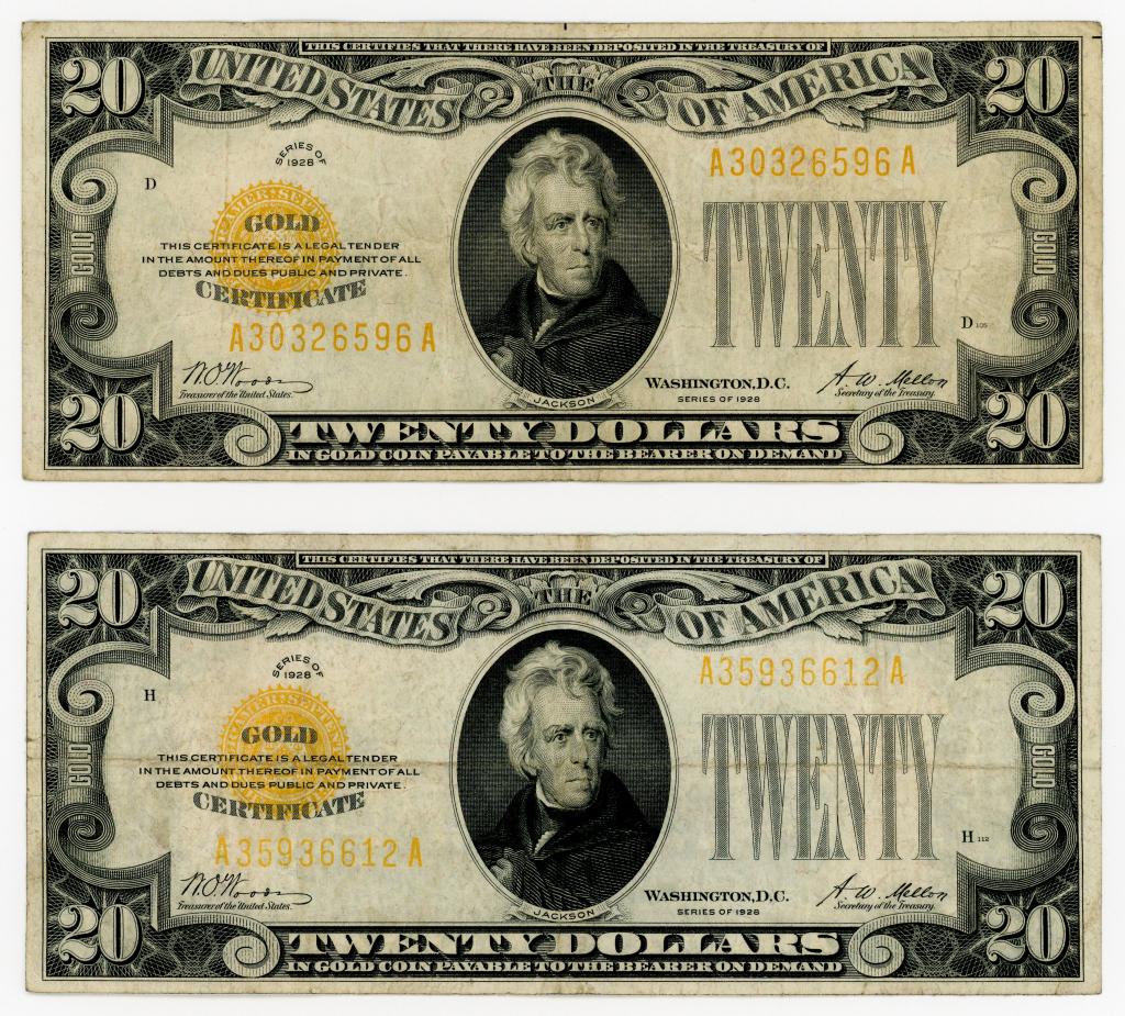 TWO 1928 $20 GOLD CERTIFICATE NOTES (1 of 2)