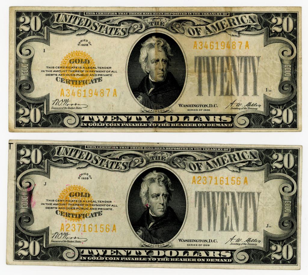 TWO 1928 $20 GOLD CERTIFICATE NOTES (1 of 2)
