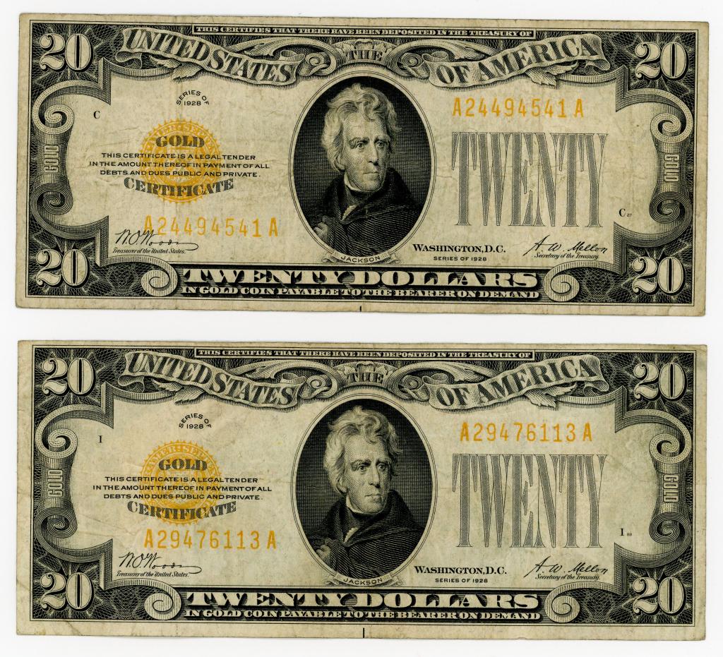 TWO 1928 $20 GOLD CERTIFICATE NOTES (1 of 2)