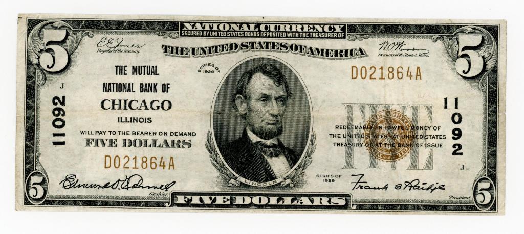1929 CHICAGO ILLINOIS $5 NATIONAL CURRENCY NOTE (1 of 2)