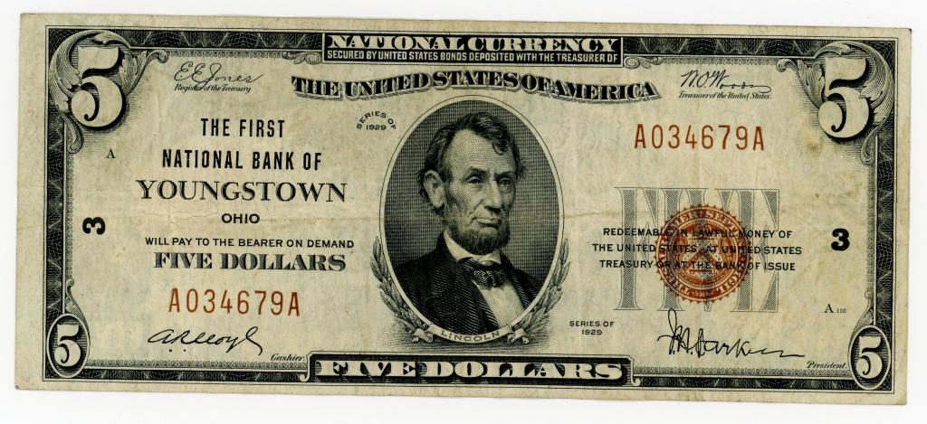 1929 $5 NATIONAL CURRENCY YOUNGSTOWN BANK NOTE (1 of 2)