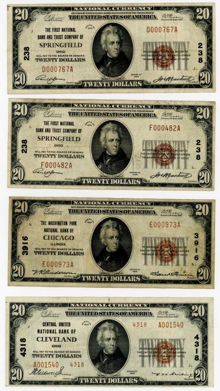 FOUR 1929 $20 NATIONAL CURRENCY BANK NOTES: Four 1929 $20 national currency notes. Notes include a Central United National Bank of Cleveland Ohio note, a Washington Park National Bank of Chicago Illinois note, and two First National Bank and Tr