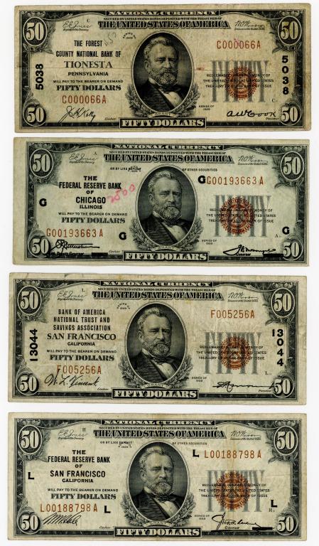 FOUR 1929 $50 NATIONAL CURRENCY BANK NOTES: Four 1929 $50 national currency notes. Notes include a Bank of America National Trust and Savings Association San Francisco California note, a Federal Reserve Bank of San Francisco California note, a 